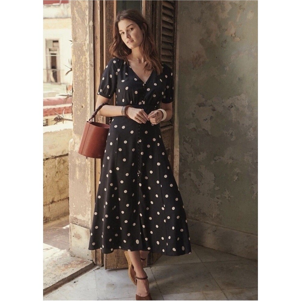 Sezane Women’s Sollie Silk Polka Dot Black Button Front Lined Midi Dress Size 34